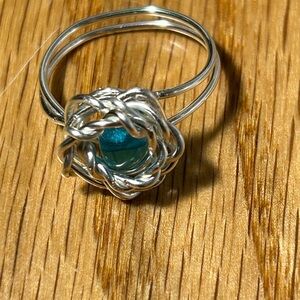 Silver toned Wire-Wrap Ring with Teal Glass Bead